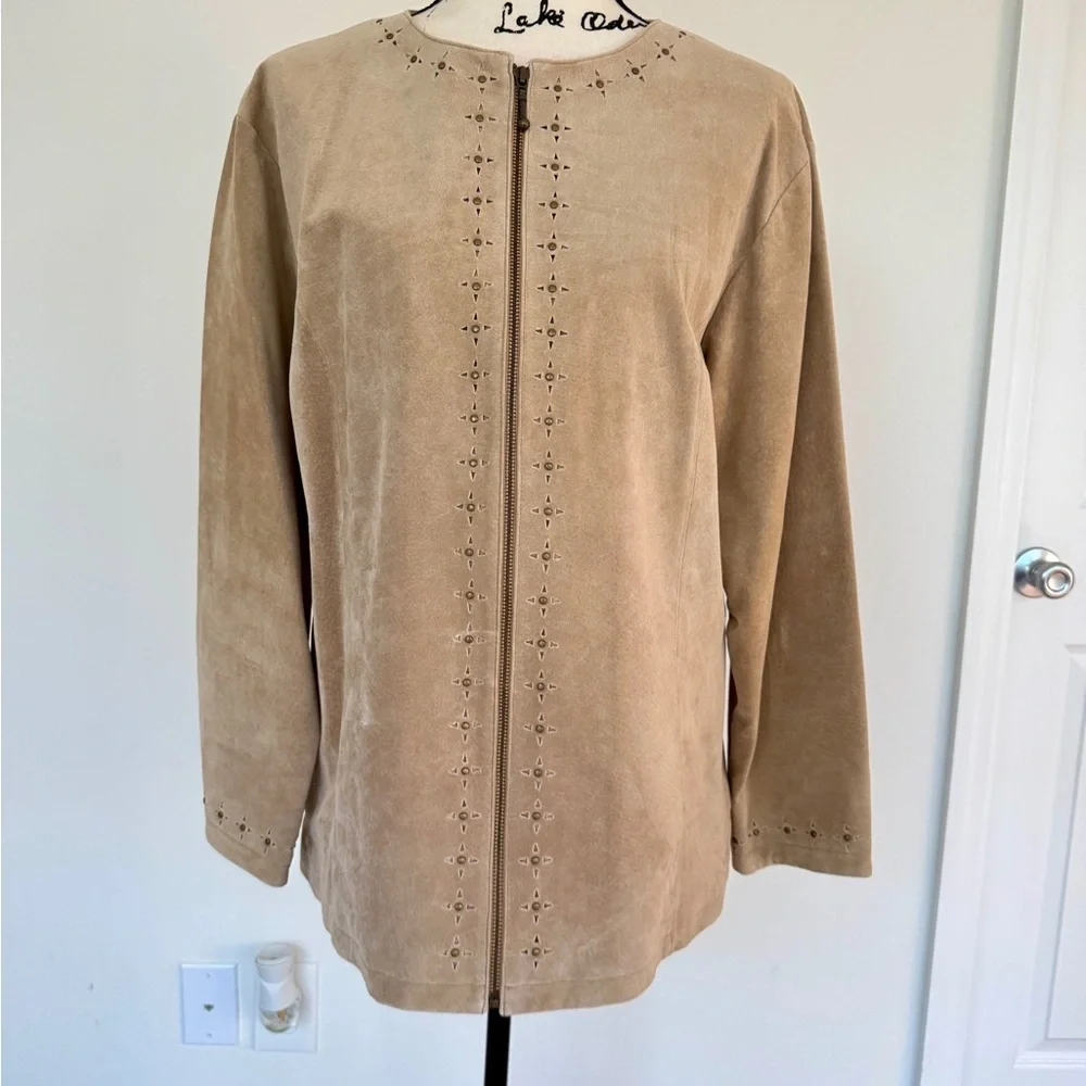 Cabela's‎ Blazer Studded Full Zip Suede Leather Tan Sz L Boho western Core